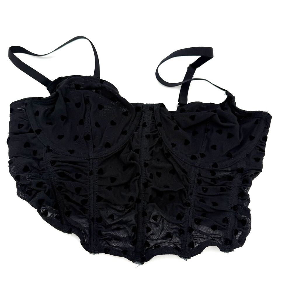 Gilly Hicks Black Sheer Corset Bra Top with Felt Hearts Size Small